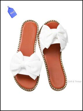 Women's Bow Knot Open Toe Flat Slides Rhinestone Slip On Sandals